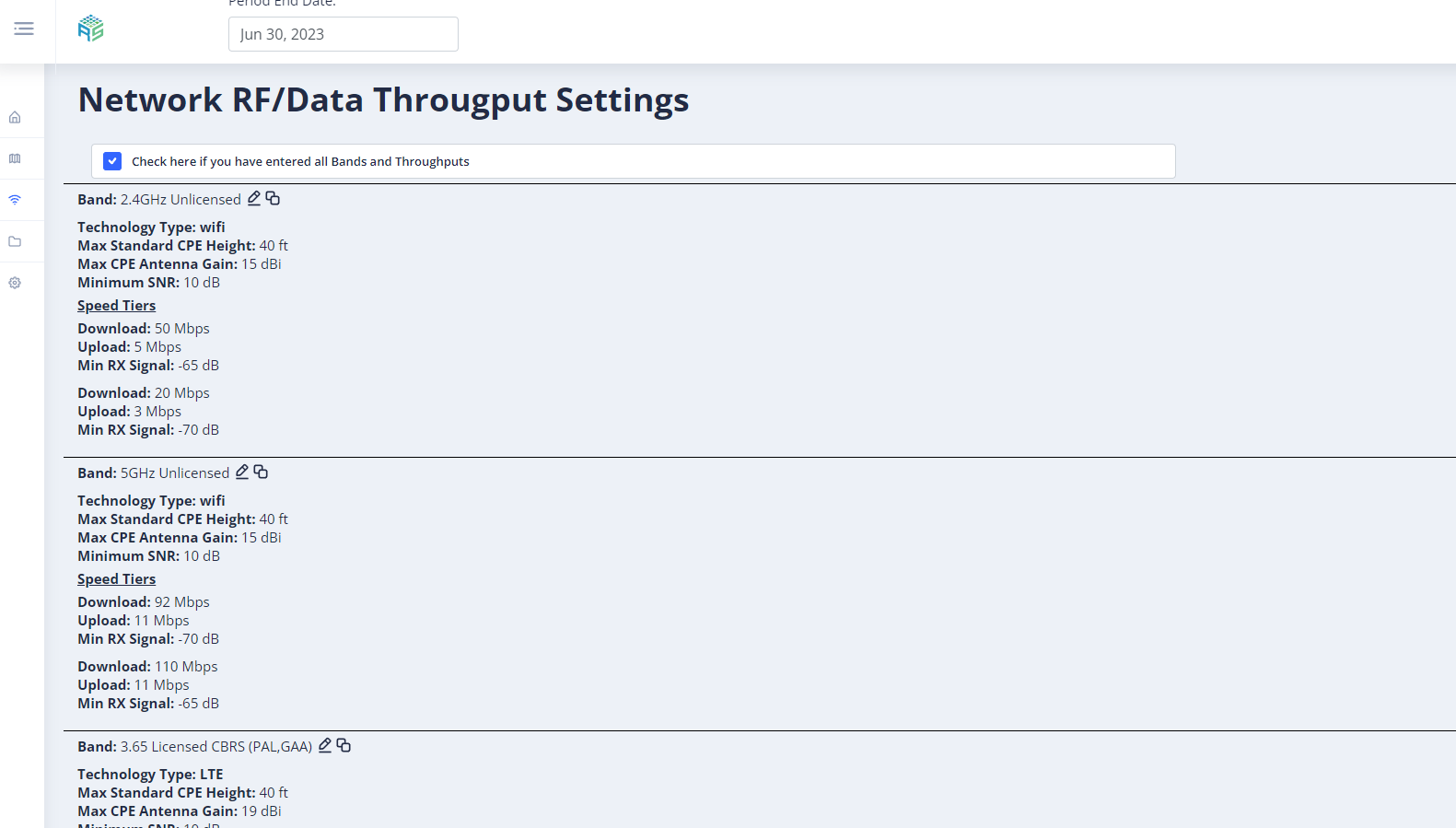 Network RF/Data Throughput settings