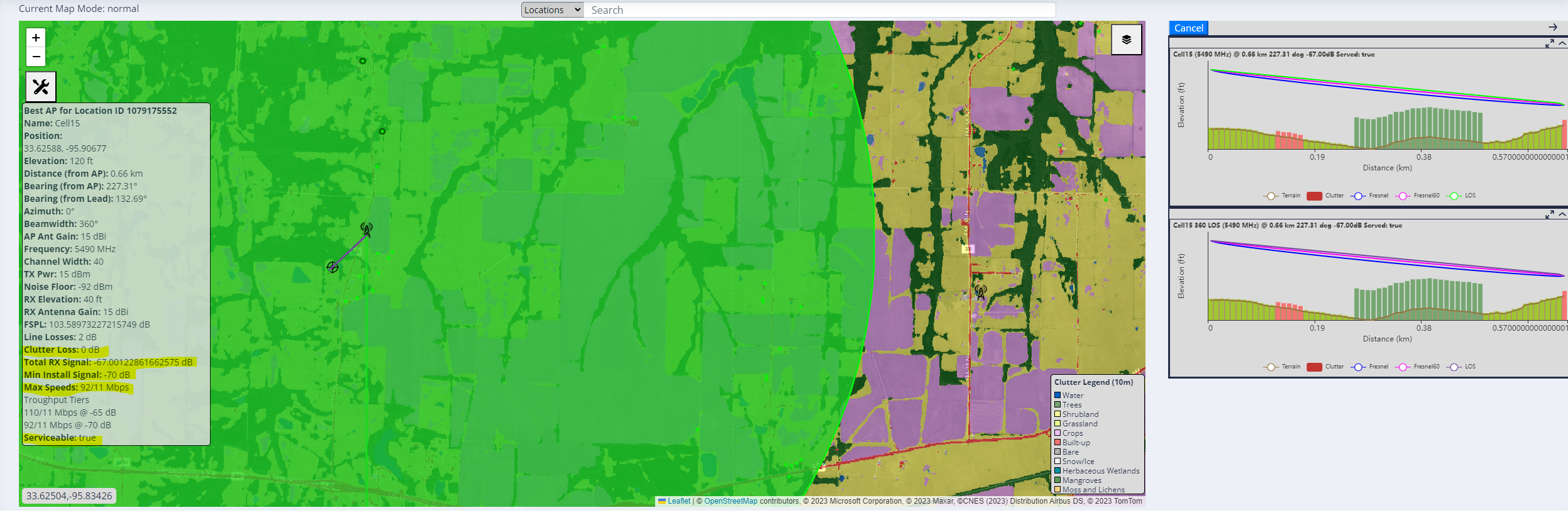 SignalQual displays the Path Study, maximum available speed, and any clutter loss 